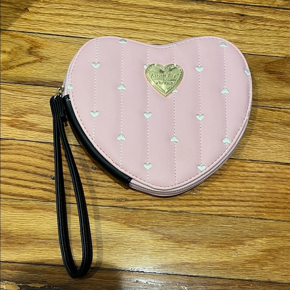 Betsey Johnson Handbags - Betsey Johnson Pink Heart Wristlet Clutch with Black Strap